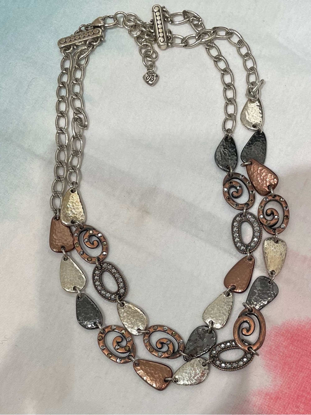 Brighton Tri-Tone Hammered Crystals Metal Two Layer Chain Necklace